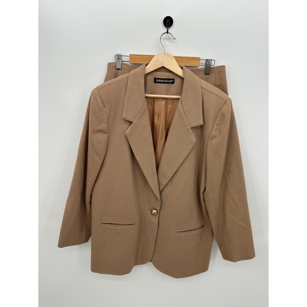 Savannah Womens 100% Wool Skirt Suit Camel Tan Blazer Pencil Skirt Set 14P USA